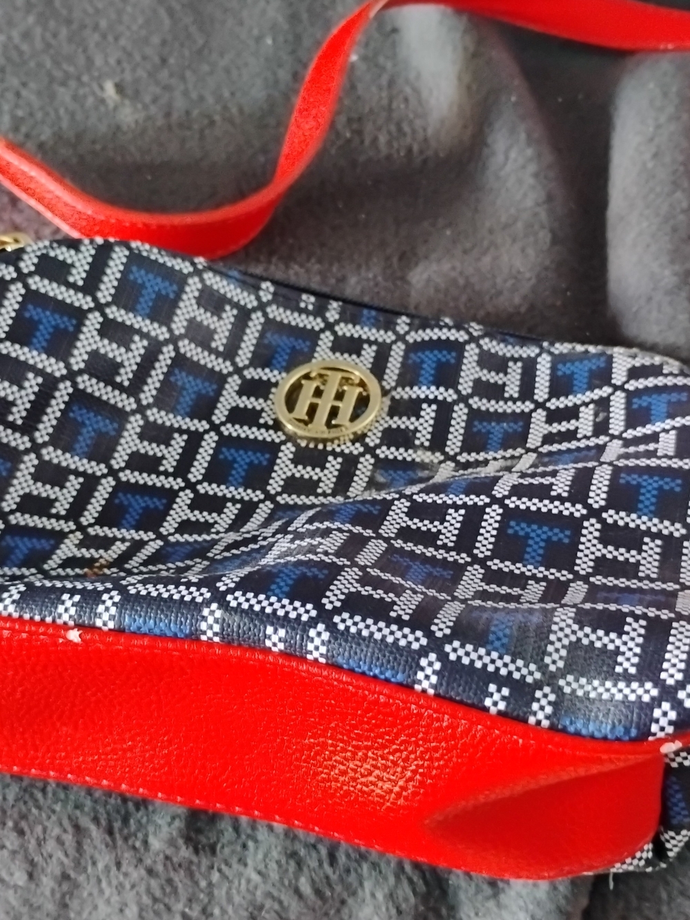 Tommy Hilfiger Navy Pattern Crossbody with Red Trim and Gold Logo